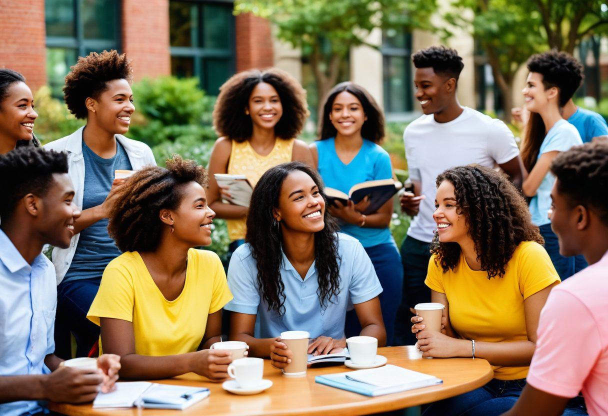 A vibrant college campus scene featuring diverse students engaging in open conversations about relationships and wellness, surrounded by books and study materials. Include elements like coffee cups, laughter, and casual attire to convey a relaxed atmosphere. Incorporate icons or symbols representing dating and sexual wellness, such as heart shapes and wellness symbols, subtly in the background. Emphasize inclusivity and positivity. bright colors. modern illustration style.