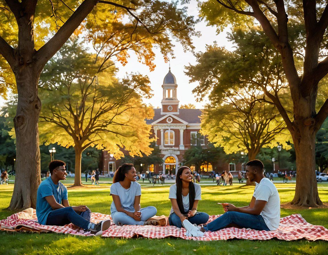 A serene college campus scene during sunset, with diverse students engaging in heartfelt conversations. The foreground features a couple sharing a laugh on a park bench, while friends gather around a picnic blanket, showcasing a sense of community and connection. Soft glowing lights illuminate the trees, emphasizing a warm and inviting atmosphere. super-realistic. vibrant colors. dreamy background.