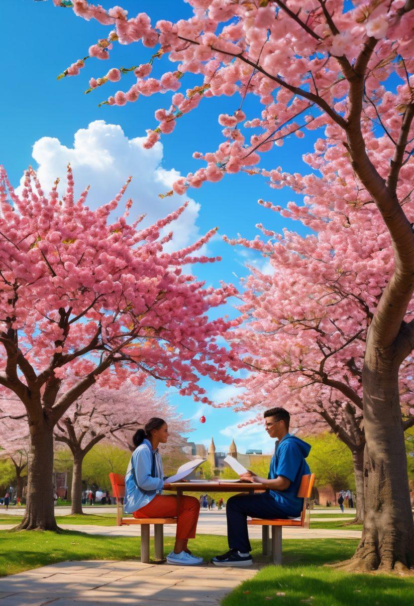 A vibrant campus scene featuring diverse university students engaging in heartfelt conversations under blooming cherry blossom trees. Include symbols of love, like intertwined hearts and books on healthy relationships, intertwined with elements representing safety, such as protective gear subtly integrated into the design. The background should depict a bright blue sky to evoke positivity and growth. cartoon style. vibrant colors. bright background.